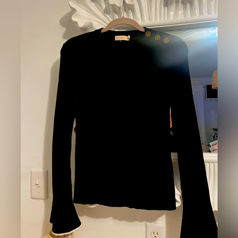 Tory Burch black XS sweater with bell sleeves and logo buttons